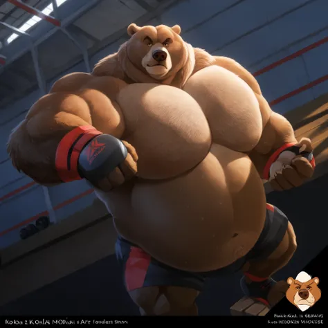 Solo, 1boy, Muscular Old, grunting, growling face, glare, focus, look at viewer, wide shoulder, pectoral, thick arms, huge pectoral, wide pectoral, brown nose, height: 220cm (7’8), weight: 270kg (440lbs), four pack, a Kodiak brown bear in a black MMA short...