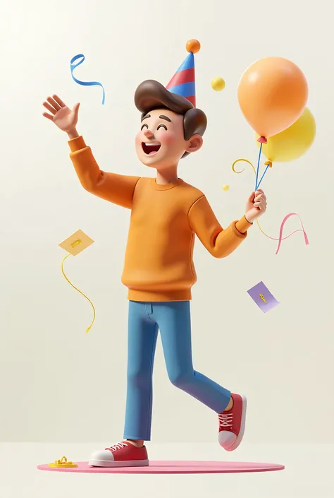 Generate an image of a tall, slim adult man celebrating a birthday in a fun, cartoonish 3D style. The character should be expressive and joyful, in a dynamic pose that conveys energy and celebration. He should be wearing a birthday hat on his head. The sce...