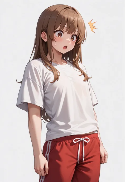 source_anime ,score_9, score_8_ up, score_7, ((White background))  ((Russian woman)) ((1girl)) (solo girl) ,30 years old, rathing_questionable (White oversized t-shirt:1.4) (Red sweatpants:1.2), brown eyes , (brown Long hair) , straight hair ,(((breasts:0....