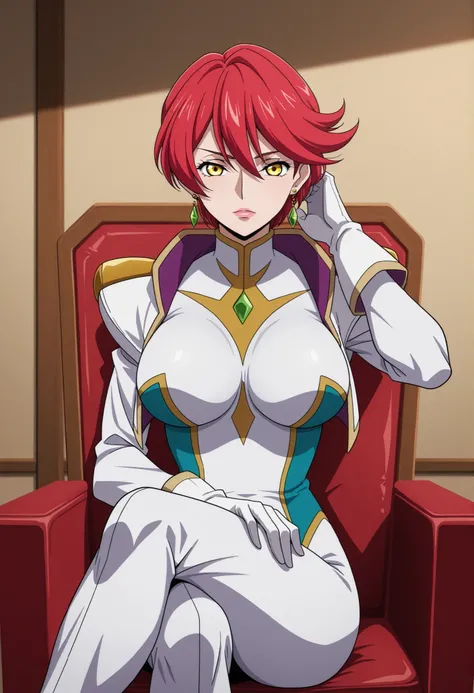 narah_pilotsuit,narah vaughn,1girl,solo,red hair,sitting,crossed legs,short hair,breasts,chair,yellow eyes,gloves,looking at viewer,jewelry,earrings,lipstick,large breasts,mature female,MILF,