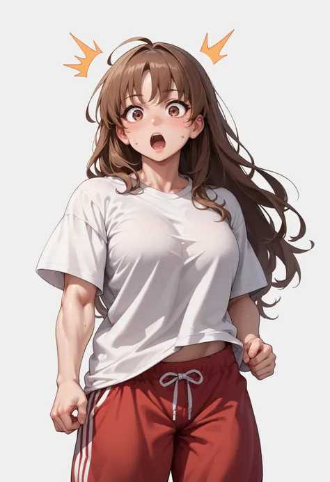 source_anime ,score_9, score_8_ up, score_7, ((White background)) ((Russian woman)) ((1girl)) (solo girl) ,30 years old, rathing_questionable (White oversized t-shirt:1.4) (Red sweatpants:1.2), brown eyes , (brown Long hair) , straight hair ,((muscular:0....