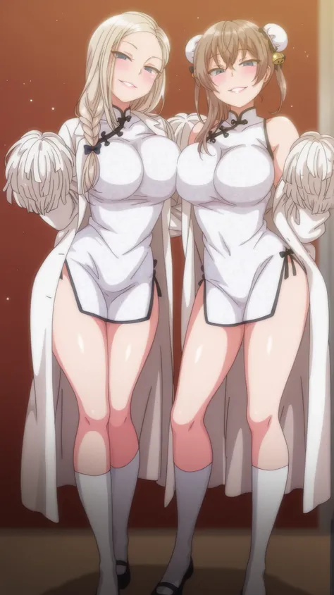 2 girls, kurashiki reina, long hair, asymmetrical hair, big breasts, blue eyes, blonde hair, smile, parted lips, looking at viewer, mischievous face, chisa, alone, chisa_IlXL, brown hair, slight smile, contrast, looking at viewer, seductive smile, anime co...