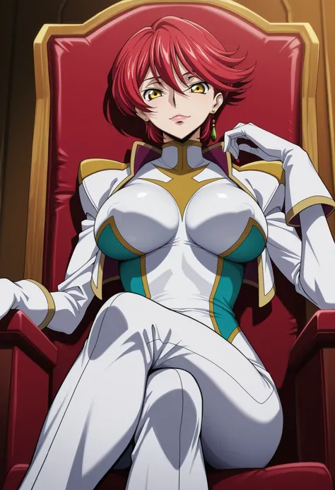 narah_pilotsuit,narah vaughn,1girl,solo,red hair,sitting,crossed legs,short hair,breasts,chair,yellow eyes,gloves,looking at viewer,jewelry,earrings,lipstick,large breasts,mature female,MILF, score_9, score_8_up, score_7_up, score_6_up, score_5_up, score_4...