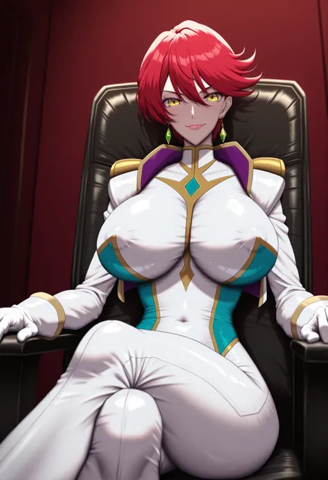 narah_pilotsuit,narah vaughn,1girl,solo,red hair,sitting,crossed legs,short hair,breasts,chair,yellow eyes,gloves,looking at viewer,jewelry,earrings,lipstick,large breasts,mature female,MILF, ,,,,, smile earring locking at viewer large breasts huge breast...