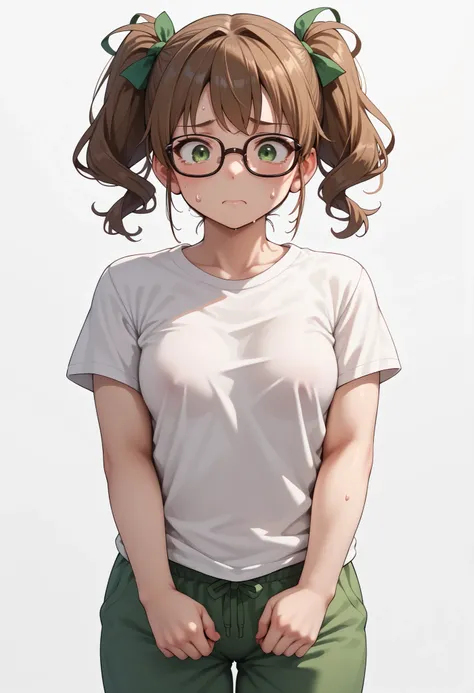 source_anime ,score_9, score_8_ up, score_7, ((White background)) ((japan woman)) ((1girl)) (solo girl) ,30 years old, rathing_questionable (White over size t-shirt:1.4) (green sweatpants:1.2), green eyes , (green tied in a double ponytail) ,(Brown cat g...