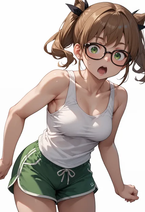 source_anime ,score_9, score_8_ up, score_7, ((White background)) ((japan woman)) ((1girl)) (solo girl) ,30 years old, rathing_questionable (White tank top:1.4) (green sports shorts:1.2), green eyes , (green tied in a double ponytail) ,(Brown cat glasses...
