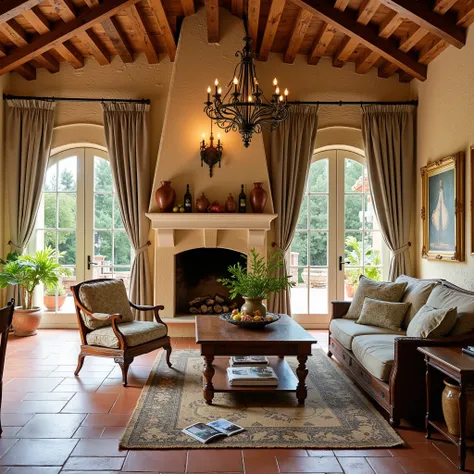 "A warm and elegant Tuscan style interior: rustic stone walls, exposed wooden ceiling beams, terra-cotta floor tiles, large arched windows and linen curtains, antique wooden furniture, wrought iron chandelier, outdoor fireplace, zA palette of colors in gre...