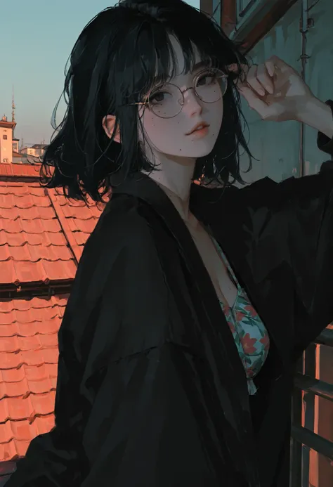 Half upper body portrait, looking at viewer, solo, 1 girl, short black hair, black eyes, round glasses, mole under the corner of her mouth. Wear summer clothes. Outdoor background. On the rooftop. Pose for photo. Dynamic lighting, anime-style,dramatic shad...
