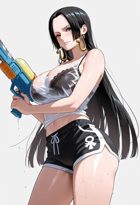 masterpiece, best quality, amazing quality, 1girl, (Boa Hancock, One Piece, Chainsaw man, blue eyes, black hair), wearing white tank top, wearing black bra, shy Face, close up shot, simple background, medium size , golden ratio face, sexy pose, Pinkish ski...