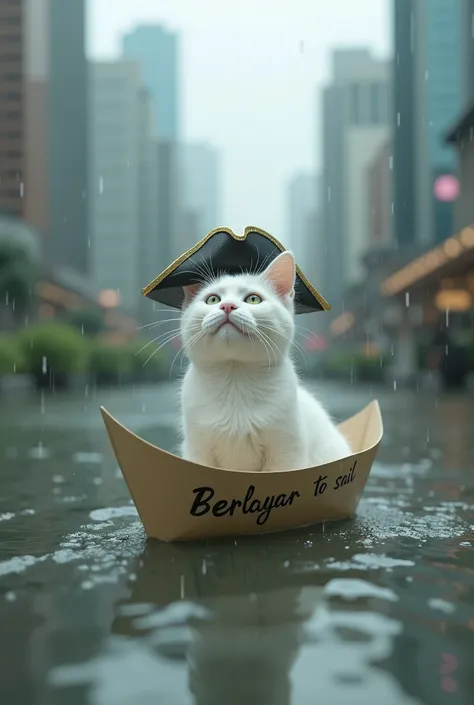 The white cat is wearing a little pirate hat and "berlayar" on a paper boat in a puddle of rain, against the backdrop of a miniature city behind him