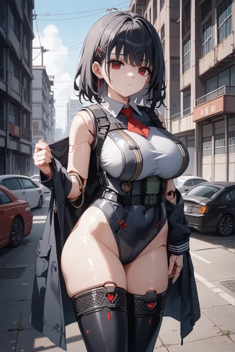 red eyes、long black hair、bodysuits、school uniform、jet black raincoat、(Bulletproof vest、 robot joints 、expressionless) 、((extremely big breasts))、anime style、HD、High Quality、abandoned city