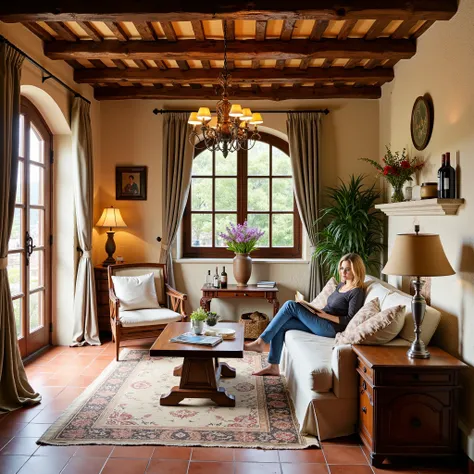 "A warm and elegant Tuscan style interior: rustic stone walls, exposed wooden ceiling beams, terra-cotta floor tiles, large arched windows and linen curtains, antique wooden furniture, wrought iron chandelier, outdoor fireplace, zA palette of colors in gre...