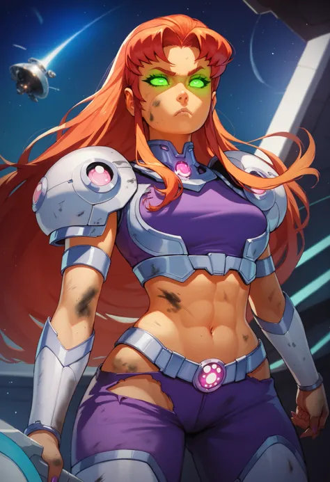 Starfire, tanned, futuristic armor, ripped clothes, dirty, glowing eyes, serious face, night, space
