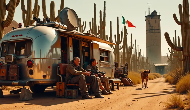 among a very dense cacti forest. a large mexican flag casting shadows overthe scene, under a red, white and green fabric shelter, a close up portrait of two old navajos grandmothers in traditional navajo clothes. they are sitting in front of their old ru...