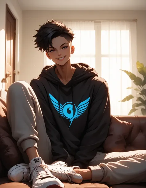 (masterpiece:1.2), (best quality:1.2), (1man), ultra detailed, 8k, watercolor, cinematic lighting, volumetric_lighting, rim light, soft shadows, ((forced_perspective)), (Diminishing scale perspective:1.3), late afternoon in an urban-style living room, warm...