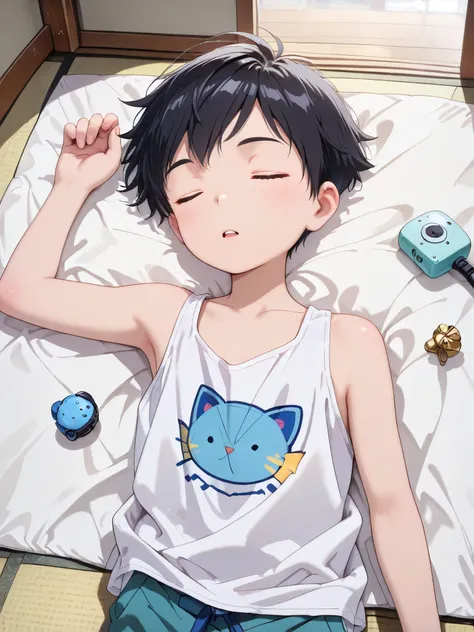 (Masterpiece: 1.2), (High quality, High resolution, 8k), Anime style, Super detailed, Extremely detailed, Extremely realistic, Perfect lighting, Perfect hands, Perfect anatomy,
Break, (From above: 1.2), (Body break), (()), Young boy, One cute boy, Alone, (...