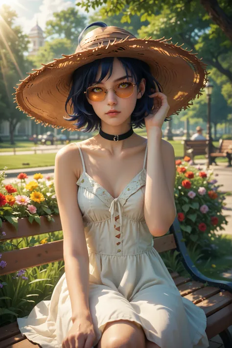 score_9, score_8_up, score_7_up, masterpiece, best quality, absurdres, highres, solo, mz, ahoge, short hair, blue hair, yellow eyes, sunglasses, sundress, black choker, hands under head, straw hat, bench, sun rays, flowers, outdoors, park bench, hand up, s...