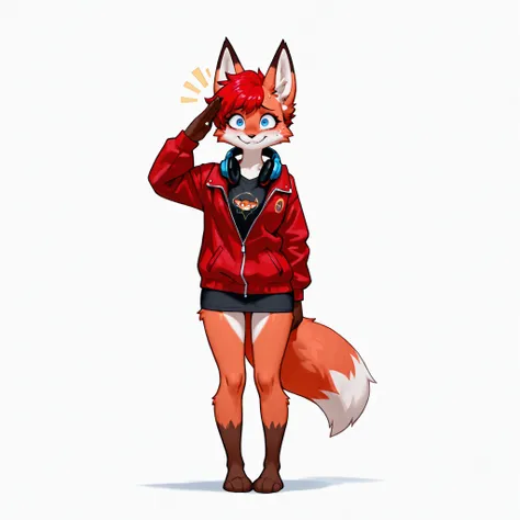 masterpiece, best quality, amazing quality, anthro fox, female, feminine, short red hair, pixie cut hair, solo, blue eyes, ((giving salute)), uncertain, hunched posture, white background, red jacket with black shirt, (headphones around neck), (full body), ...