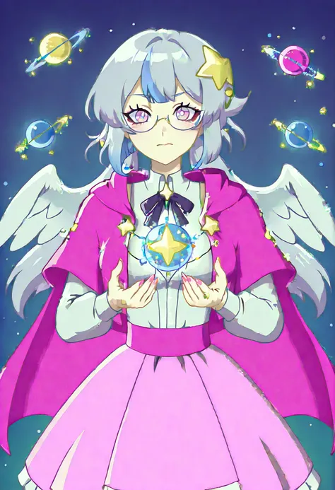 Asteria-vkstickrs, silver hair, gradient eyes, lue streak, glasses, white blouse, black ribbon bow, pink skirt, deep purple cape adorned with golden star-shaped accessories, Floating around her are small celestial orbs and planetary rings, Sierin-vkstickrs...