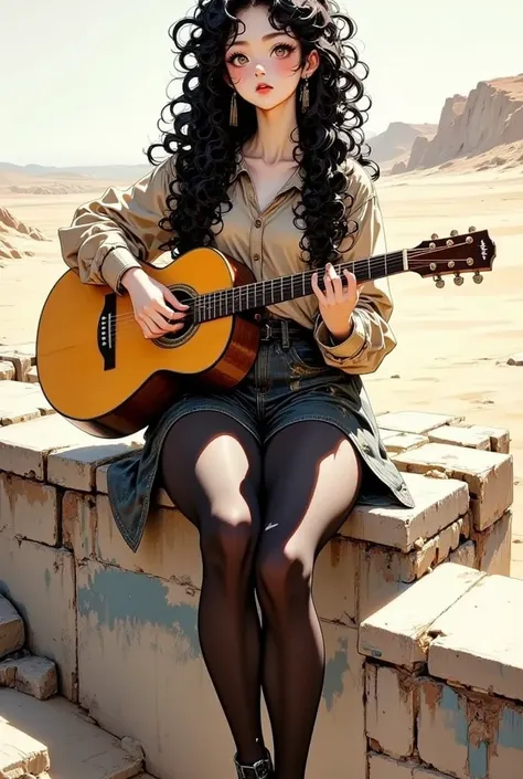 A cute girl with a guitar. Curly hair. Flux 1 D