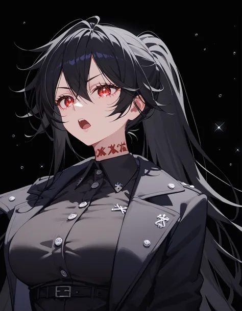 1 person,girl,ผมสีดำ, Black hair,in red eyes,black sparkly eyes,black winter dress,Black Shirt,big-breasted dress,Black Coat, Tomboy,slim,good figure,long hair, ponytail,black background,,Anime,X Body Tattooที่คอ,Pointed eyes ,Fierce face, Open your mouth,...
