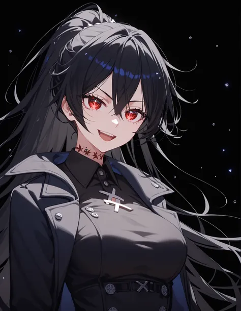 1 person,girl,ผมสีดำ, Black hair,in red eyes,black sparkly eyes,black winter dress,Black Shirt,big-breasted dress,Black Coat, Tomboy,slim,good figure,long hair, ponytail,black background,,Anime,X Body Tattooที่คอ,Pointed eyes ,Fierce face, Open your mouth,...