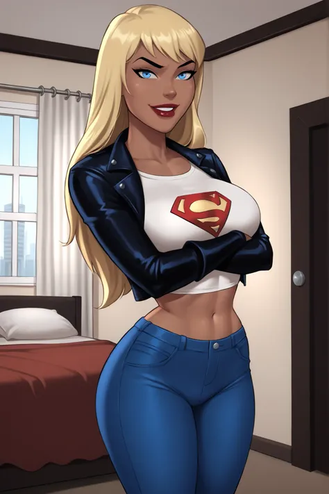 PonyXLV6_Scores BREAK ((parody), perfect anatomy, perfect eyes, cowboy shot) BREAK kara zor-el, long hair, blonde hair, blue eyes, dark-skinned female, lipstick, red lips, ((looking at viewer)), superhero, white crop top, blue leather jacket, blue jeans, l...
