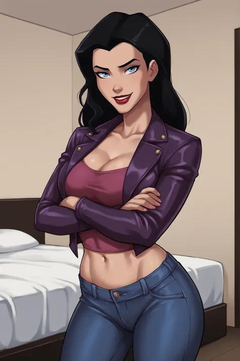 safe_pos, PonyXLV6_Scores BREAK ((parody style, parody), perfect anatomy, perfect eyes, cowboy shot), BREAK zatanna, black hair, blue eyes, dark red lipstick, makeup, ((looking at viewer)), curvy, athletic, large breasts, standing, indoors, smile, happy ex...