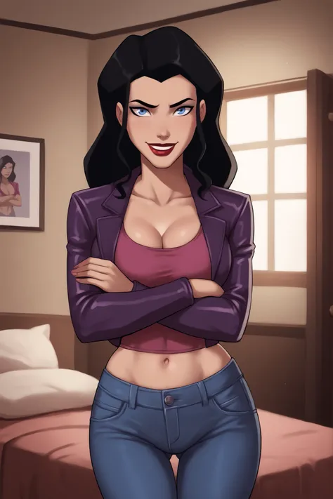 safe_pos, PonyXLV6_Scores BREAK ((parody style, parody), perfect anatomy, perfect eyes, cowboy shot), BREAK zatanna, black hair, blue eyes, dark red lipstick, makeup, ((looking at viewer)), curvy, athletic, large breasts, standing, indoors, smile, happy ex...