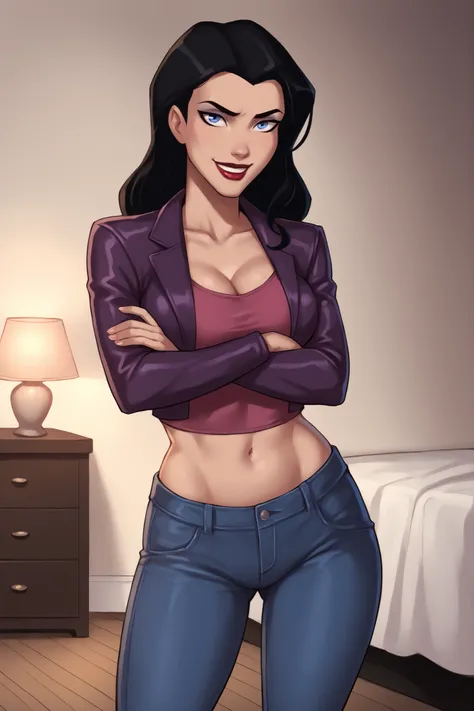 safe_pos, PonyXLV6_Scores BREAK ((parody style, parody), perfect anatomy, perfect eyes, cowboy shot), BREAK zatanna, black hair, blue eyes, dark red lipstick, makeup, ((looking at viewer)), curvy, athletic, large breasts, standing, indoors, smile, happy ex...