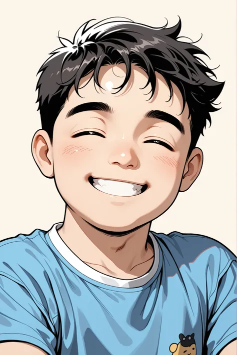 high quality, no background, smile, Closed eyes, chubby Korean elementary school boy, blue shirt, portrait, Waist Shot