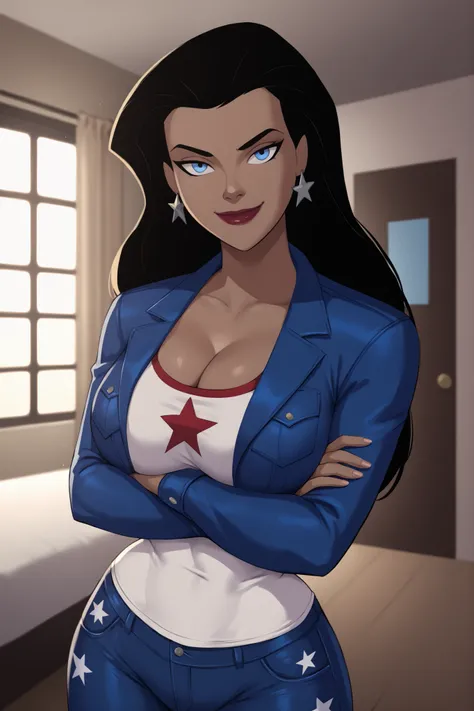 PonyXLV6_Scores BREAK ((parody), perfect anatomy, perfect eyes, cowboy shot), BREAK diana prince, long hair, black hair, blue eyes, bright red lipstick, dark-skinned female,  ((looking at viewer)),  cleavage, blue leather jacket, blue crop top, blue jeans,...