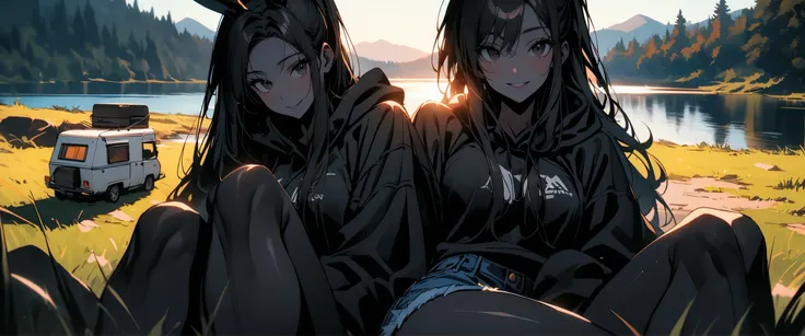 solo, female focus, tomboy, rabbit girl, black skin, long hair, ponytail, black hair, bright black eyes, oversized hoodie, denim shorts, close up, shapely thighs, tall, curvaceous legs, broad shoulders, close up, fun, bunny ears, huge rabbit ears, black fu...