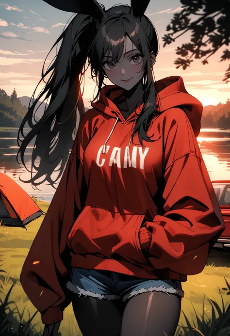 solo, female, tomboy, rabbit girl, black skin, long hair, ponytail, black hair, bright black eyes, oversized hoodie, denim shorts, close up, shapely thighs, tall, curvaceous legs, broad shoulders, close up, fun, bunny ears, huge rabbit ears, black fur, lar...