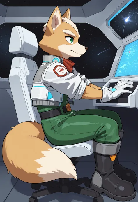 soft shading, 4k, hi res, detailed face, detailed, Best quality, masterpiece, detailed anatomy, detailed eyes, perfect shading, solo male, Fox mccloud, yellow fur, tail, green eyes, white space jacket vest, green bodysuit, black belt, high boots, sitting i...
