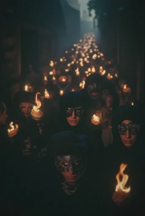 An endless procession of shadow-wrapped pilgrims walking backwards into the darkness of Zugarramurdi, each carrying a flame that does not burn, followed by silent ren with stitched eyes. Hyperrealist, Cinematográfico.