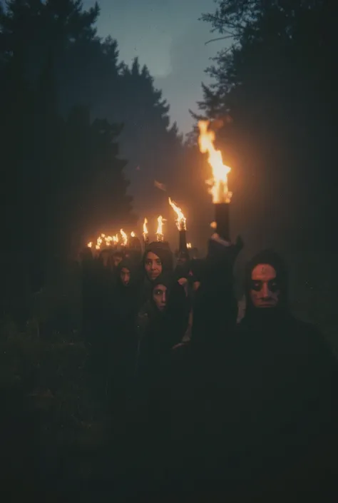 An endless procession of shadow-wrapped pilgrims walking backwards into the darkness of Zugarramurdi, each carrying a flame that does not burn, followed by silent ren with stitched eyes. Hyperrealist, Cinematográfico.