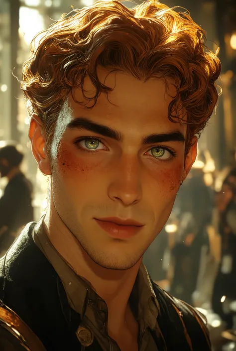 curly-haired redhead freckled guy with bright green eyes, Fit, of average height. mischievous look , cheerful smile. Joker and merry guy.