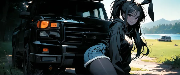 solo, female, tomboy, rabbit girl, black skin, long hair, ponytail, black hair, bright black eyes, oversized hoodie, denim shorts, close up, shapely thighs, tall, curvaceous legs, broad shoulders, close up, fun, bunny ears, huge rabbit ears, black fur, lar...