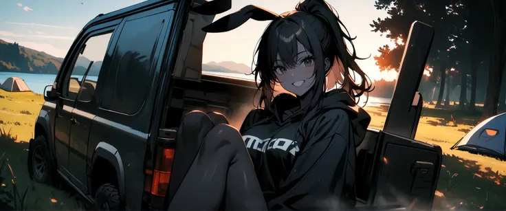 solo, female focus, tomboy, rabbit girl, black skin, long hair, ponytail, black hair, bright black eyes, oversized hoodie, denim shorts, close up, shapely thighs, tall, curvaceous legs, broad shoulders, close up, fun, bunny ears, huge rabbit ears, black fu...