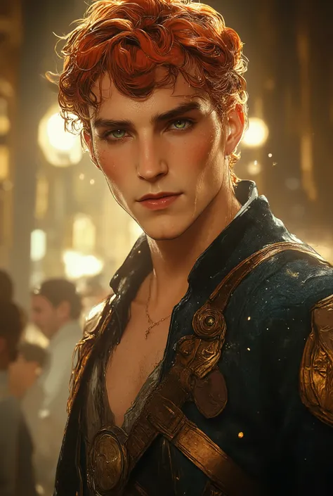 curly-haired redhead freckled guy with bright green eyes, Fit, of average height. mischievous look , cheerful smile. Joker and merry guy.