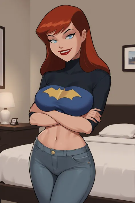 1980s (style), retro artstyle, source_cartoon, score_9, score_8_up, score_7_up, score_6_up, ((zPDXL2)), (cartoon, highly detailed, masterpiece, absurd resolution, perfect anatomy), cowboy shot BREAK barbara gordon, long hair, red hair, blue eyes, solo,  ((...