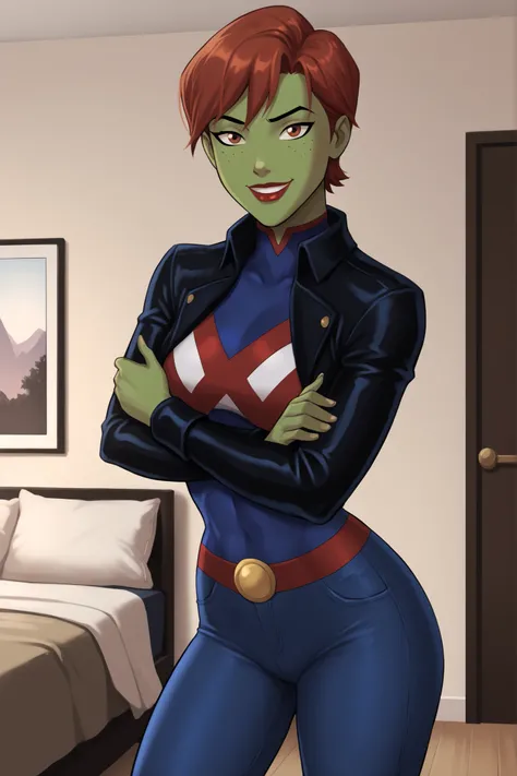 PonyXLV6_Scores BREAK (perfect anatomy, perfect eyes), BREAK mgann morzz, short hair, red hair, colored skin, green skin, freckles, brown eyes, makeup, red lipstick, ((looking at viewer)), superhero, black leather jacket, blue crop top, blue jeans, curvy,...