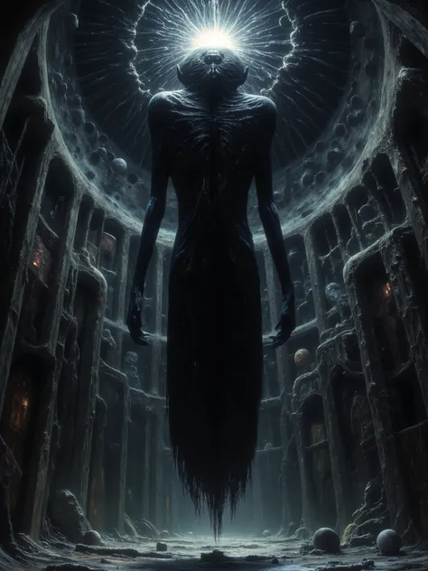 (Masterpiece. Ultra HD. 16K. Realistic. Cosmic Horror. Dark Psychedelic:1.5) — (A male humanoid entity:1.5) with distinctly masculine proportions — broad shoulders, defined chest, narrow waist — is (levitating slightly above the ground:1.5), still and weig...