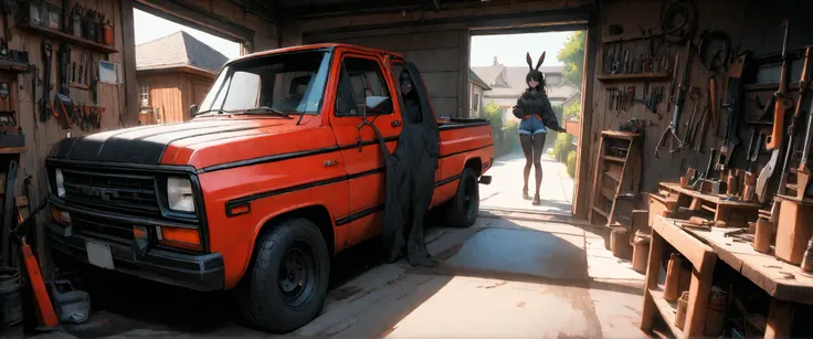 day, sunny, suburb, garage, open door, tools, workshop, 1990s pickup truck, red truck, comfy, driveway, POV, foreshortening, oil rags, slightly messy, indoors, detailed, house, 4x4, 1girl, female, tomboy, rabbit girl, black skin, long hair, ponytail, black...