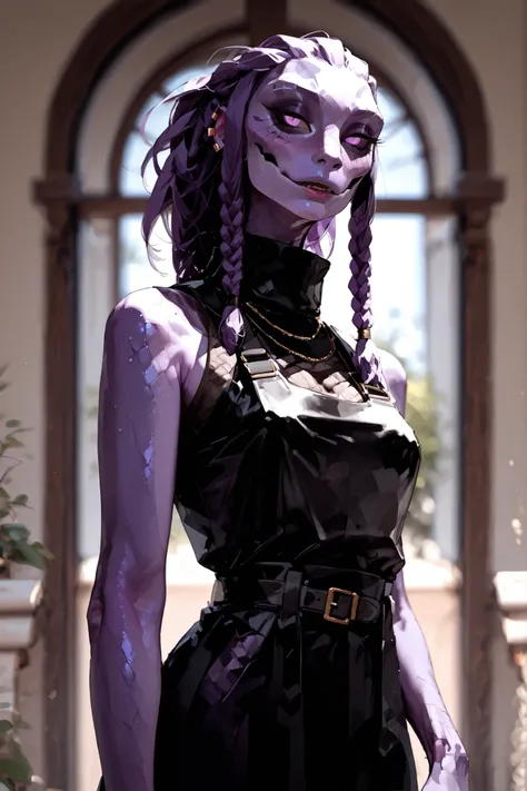 Black and purple skin, scaly skin, blurred background