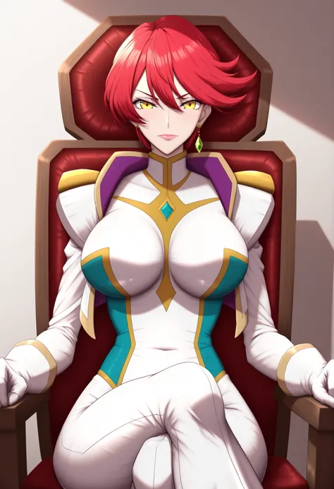 narah_pilotsuit,narah vaughn,1girl,solo,red hair,sitting,crossed legs,short hair,breasts,chair,yellow eyes,gloves,looking at viewer,jewelry,earrings,lipstick,large breasts,mature female,MILF, ,,,,, shiroshisu style