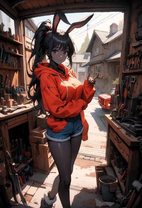 day, sunny, suburb, black skin, garage, open door, tools, workshop, 1990s pickup truck, red truck, comfy, driveway, POV, foreshortening, rags, slightly messy, indoors, detailed, house, 4x4, 1girl, female, tomboy, rabbit girl, black skin, long hair, ponytai...