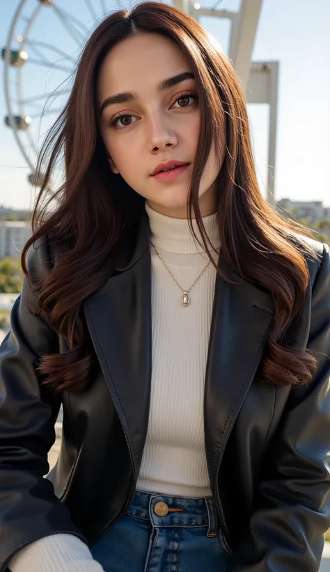 dasha_taran, Portrait of a woman, (close up),upper body, (( turtleneck sweater, leather jacket, blue jeans)), sitting in a ferris wheel, ((smiling)), long hair, floating hair, hair blows in the wind, windy, ((perfect eyes, detailed eyes,realistic eyes)), (...