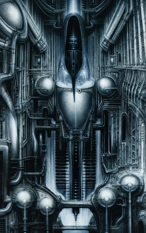 Create a biomechanical surrealist composition in the style of H.R. Giger The image depicts a highly detailed, intricate mechanical structure that is opened criocapsule with a futuristic design, supporting pipes, valves, and complex mechanicals emphasizing...